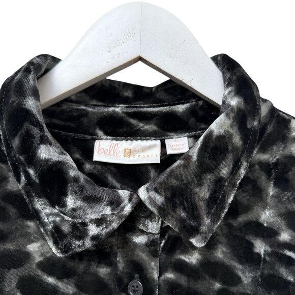 BELLE Kim Gravel Velvet Shirt Black Leopard Stretch Womens Button Down Top - Picture 3 of 7